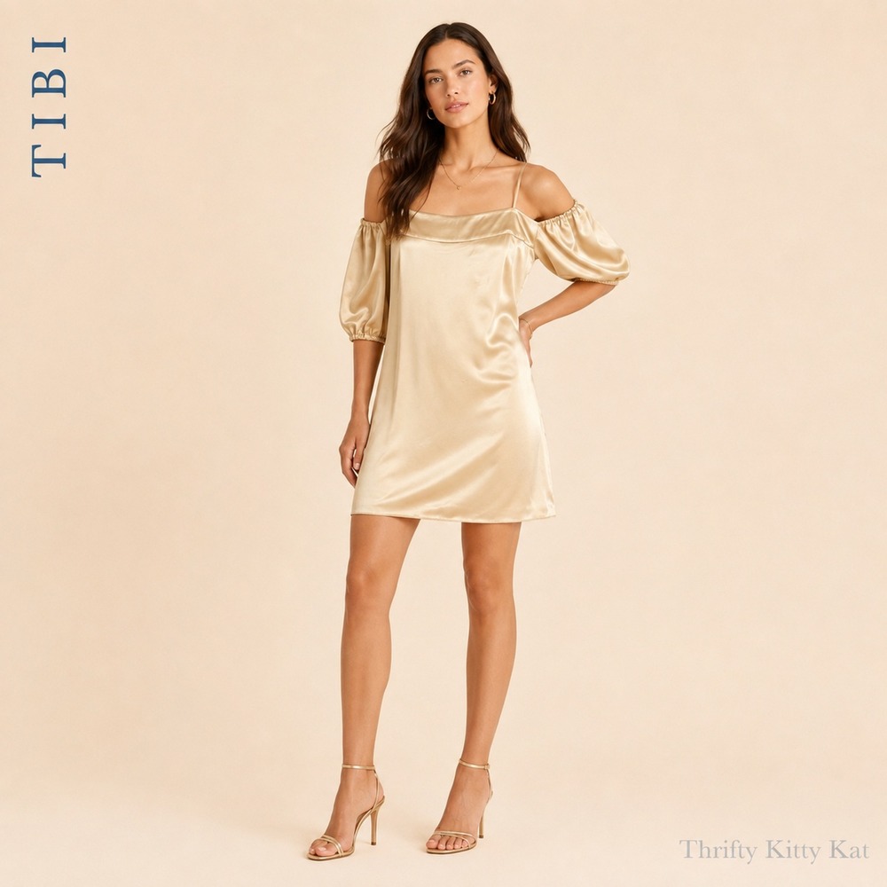 Tibi Silk Satin Cold Shoulder Mini Shift Dress Champagne Gold Balloon Sleeve 8